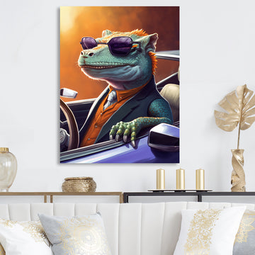 Green Lizard Wearing Sunglasses In Sportscar - Lizard Canvas Wall Art